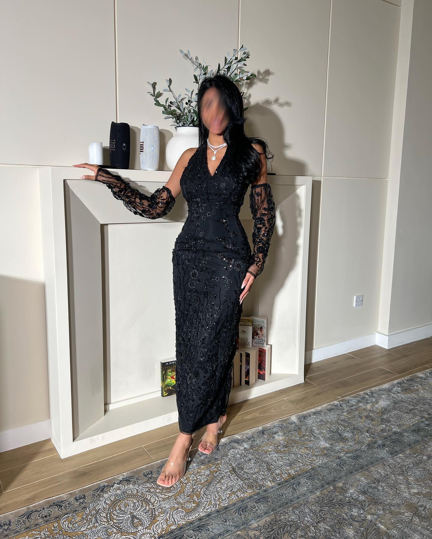 Sexy Halter V-Neck Black Long Sleeves Evening Dress with 3D Beaded Floral AE011