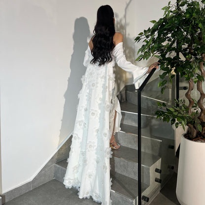 Elegant 3D Beaded Floral Blue Long Sleeves Evening Dress with Overskirt AE008