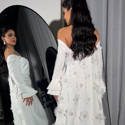 Elegant 3D Beaded Floral Blue Long Sleeves Evening Dress with Overskirt AE008