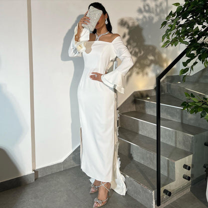 Elegant 3D Beaded Floral Blue Long Sleeves Evening Dress with Overskirt AE008