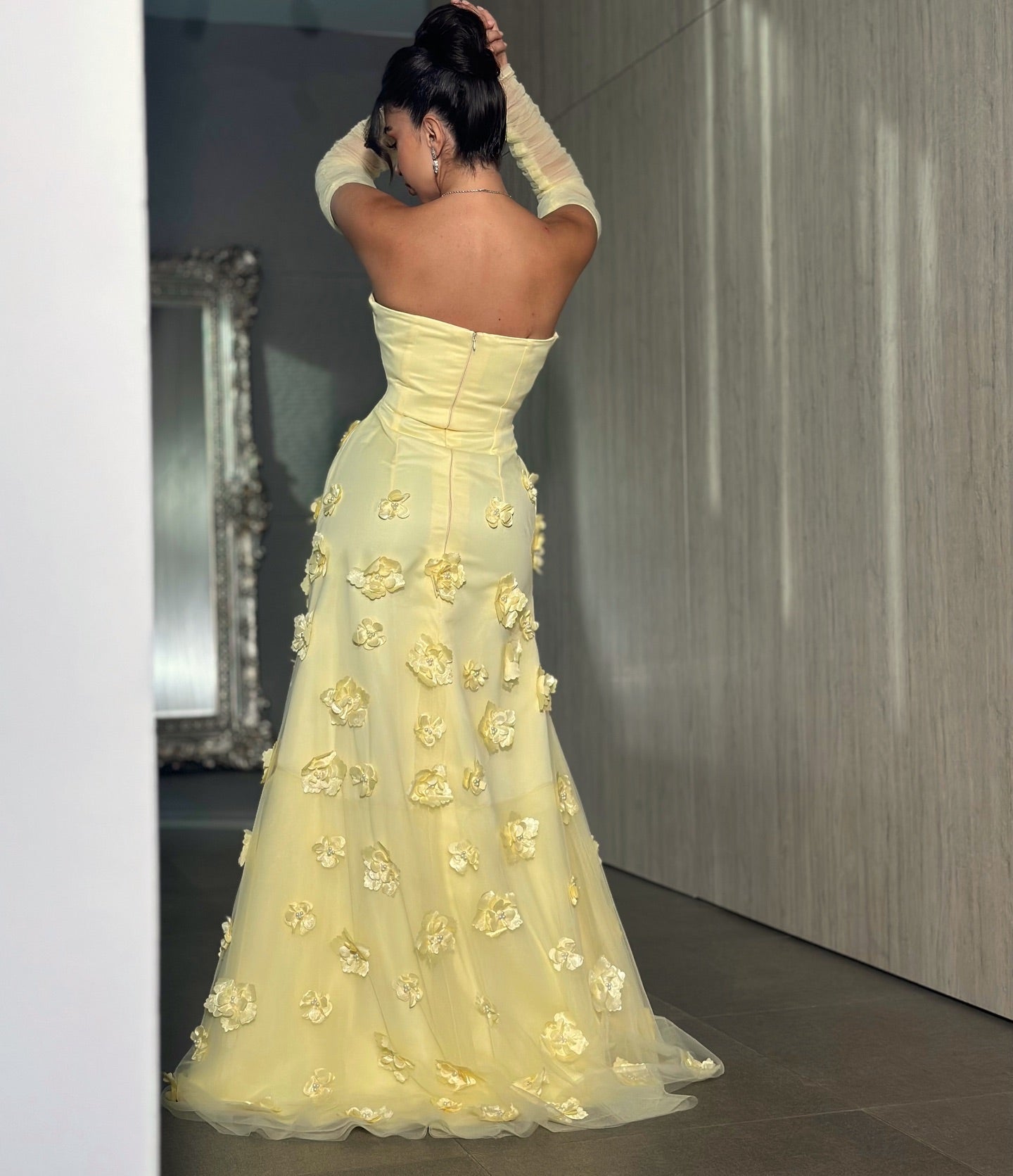 Elegant Yellow 3D Floral Long Sleeves Strapless Arabic Evening Dress AE002