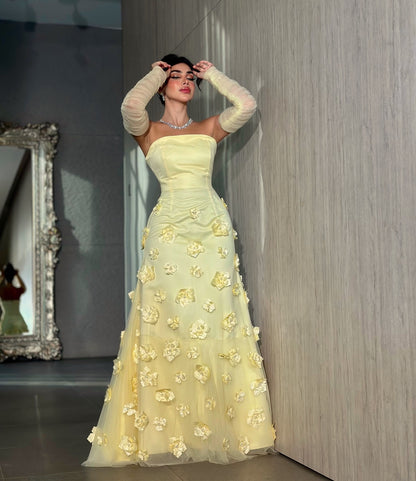 Elegant Yellow 3D Floral Long Sleeves Strapless Arabic Evening Dress AE002