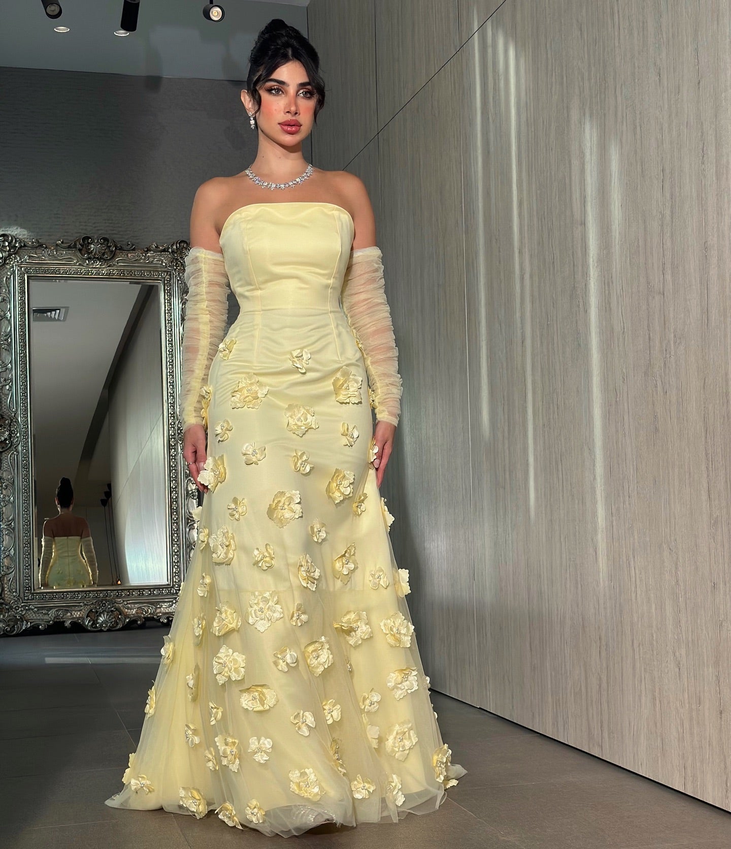 Elegant Yellow 3D Floral Long Sleeves Strapless Arabic Evening Dress AE002