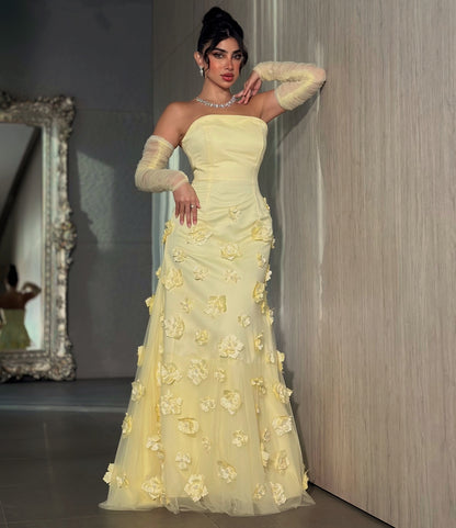 Elegant Yellow 3D Floral Long Sleeves Strapless Arabic Evening Dress AE002