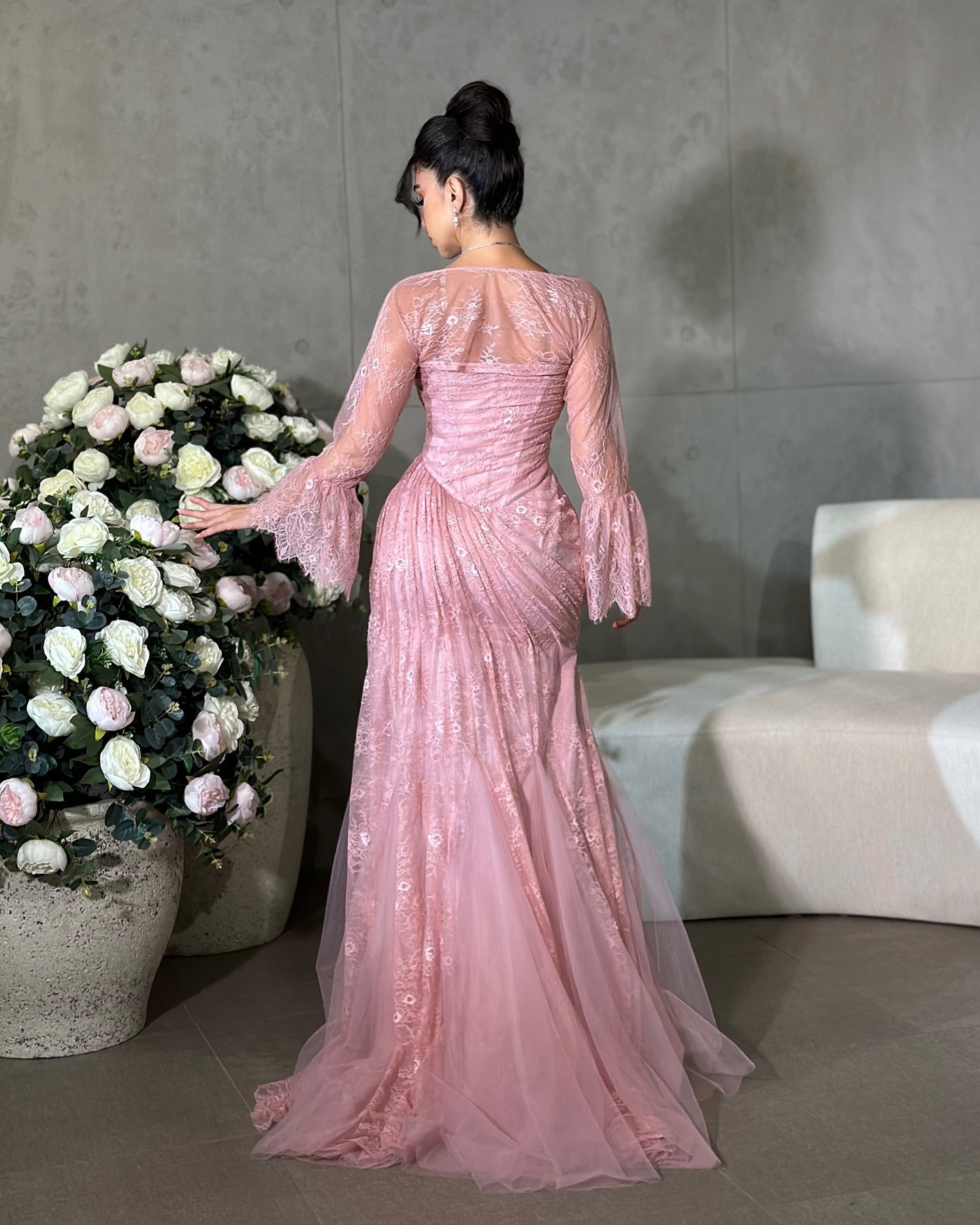 Elegant Pink Long Sleeves Mermaid Pleats Lace Evening Dress with Train AE014