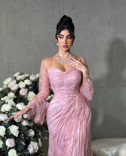 Elegant Pink Long Sleeves Mermaid Pleats Lace Evening Dress with Train AE014