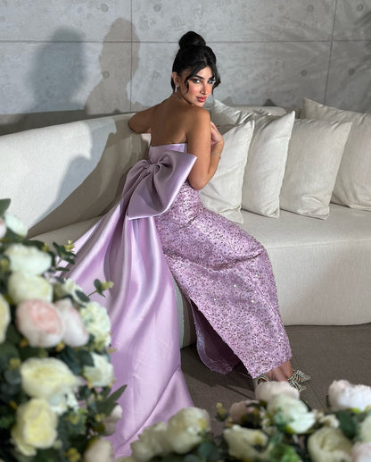 Glamorous 3D Beaded Floral Strapless Lilac Evening Dress with Bow Overskirt AE015