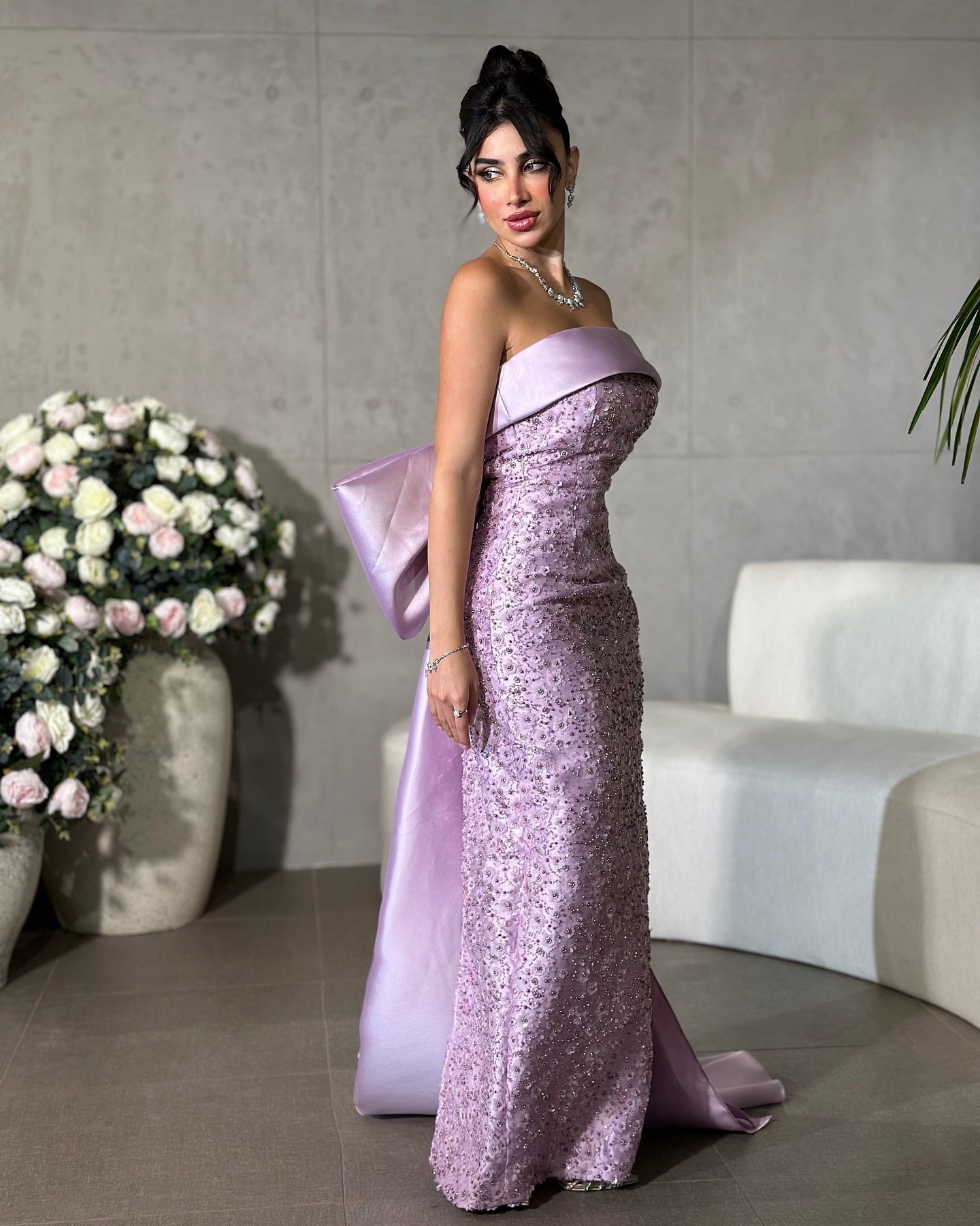 Glamorous 3D Beaded Floral Strapless Lilac Evening Dress with Bow Overskirt AE015