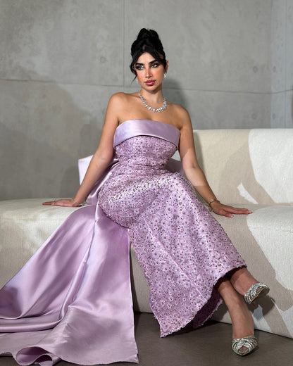 Glamorous 3D Beaded Floral Strapless Lilac Evening Dress with Bow Overskirt AE015