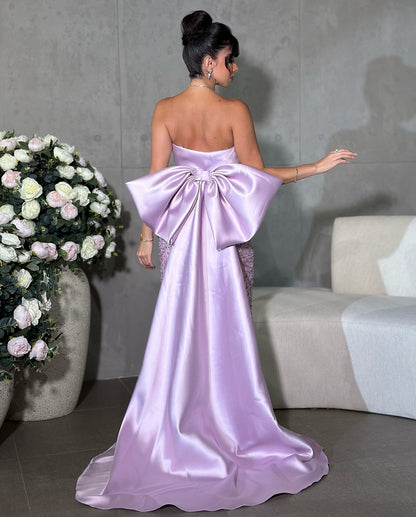 Glamorous 3D Beaded Floral Strapless Lilac Evening Dress with Bow Overskirt AE015