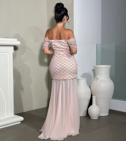 Graceful Off-Shoulder Pink Mermaid Arabic Evening Dress with Beaded AE016