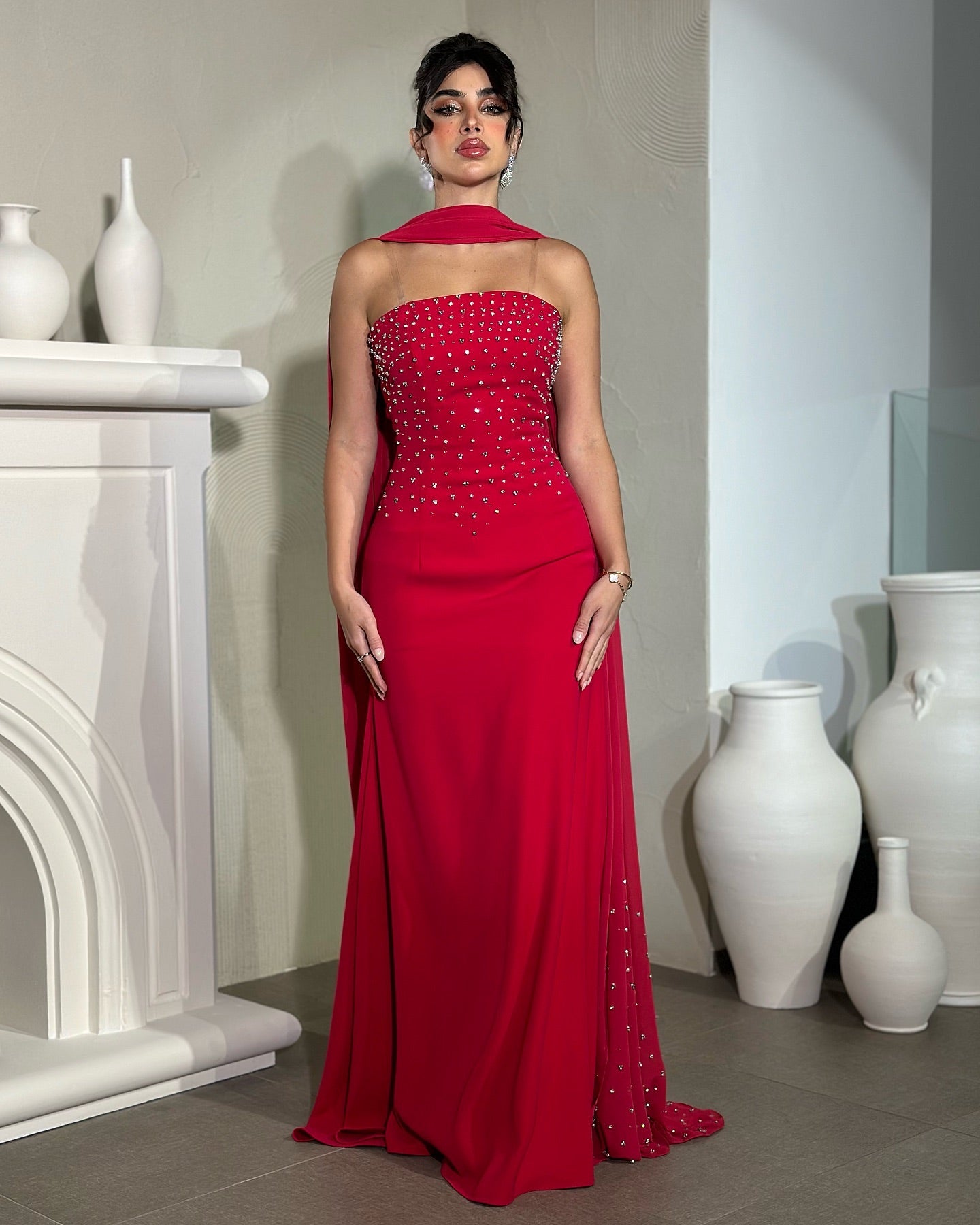 Elegant Red Strapless Beaded Chiffon Arabic Evening Dress with Scarf AE017
