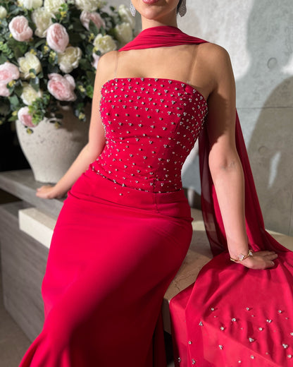 Elegant Red Strapless Beaded Chiffon Arabic Evening Dress with Scarf AE017