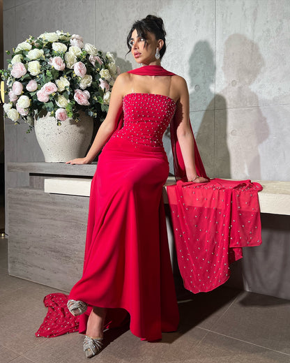 Elegant Red Strapless Beaded Chiffon Arabic Evening Dress with Scarf AE017