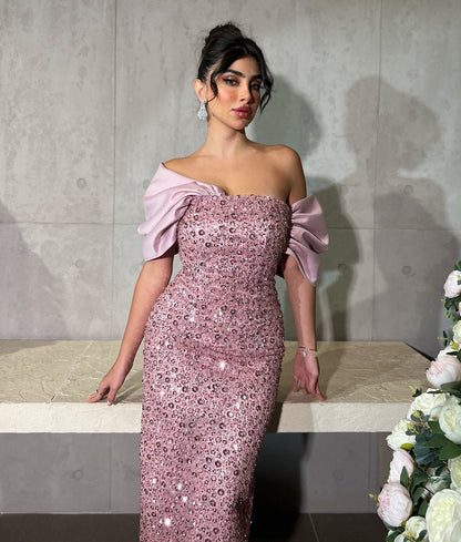 Elegant Beaded Navy Blue Strapless Sequined Arabic Evening Dress AE004