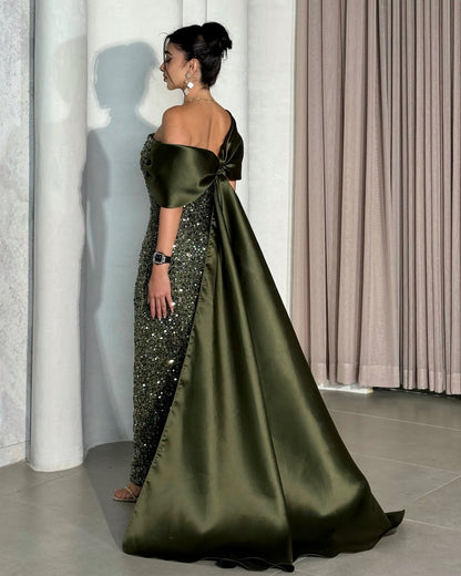 Luxury Burgundy Beaded One Shoulder Arabic Evening Dress with Overskirt AE003