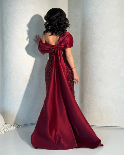 Luxury Burgundy Beaded One Shoulder Arabic Evening Dress with Overskirt AE003