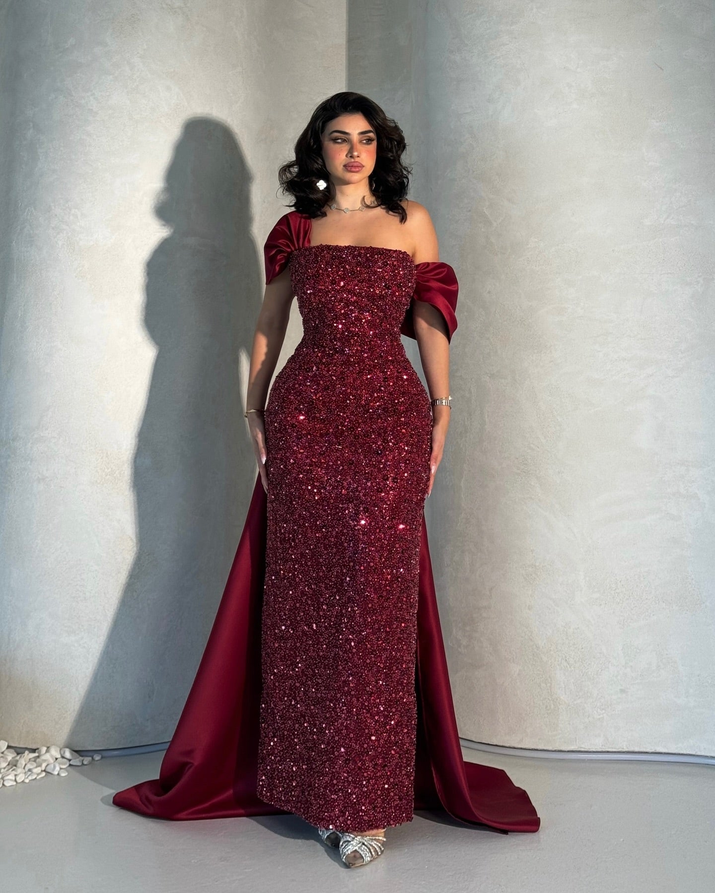 Luxury Burgundy Beaded One Shoulder Arabic Evening Dress with Overskirt AE003