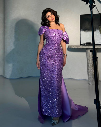 Luxury Burgundy Beaded One Shoulder Arabic Evening Dress with Overskirt AE003