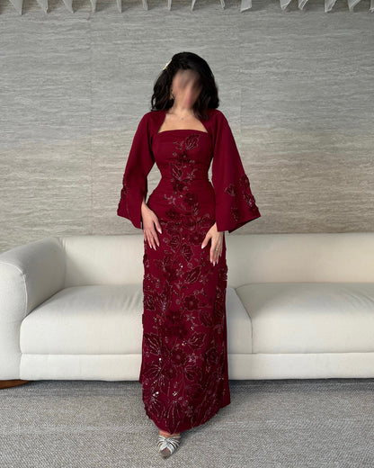 Elegant Burgundy 3D Beaded Floral Satin Arabic Evening Dress with Cape AE005