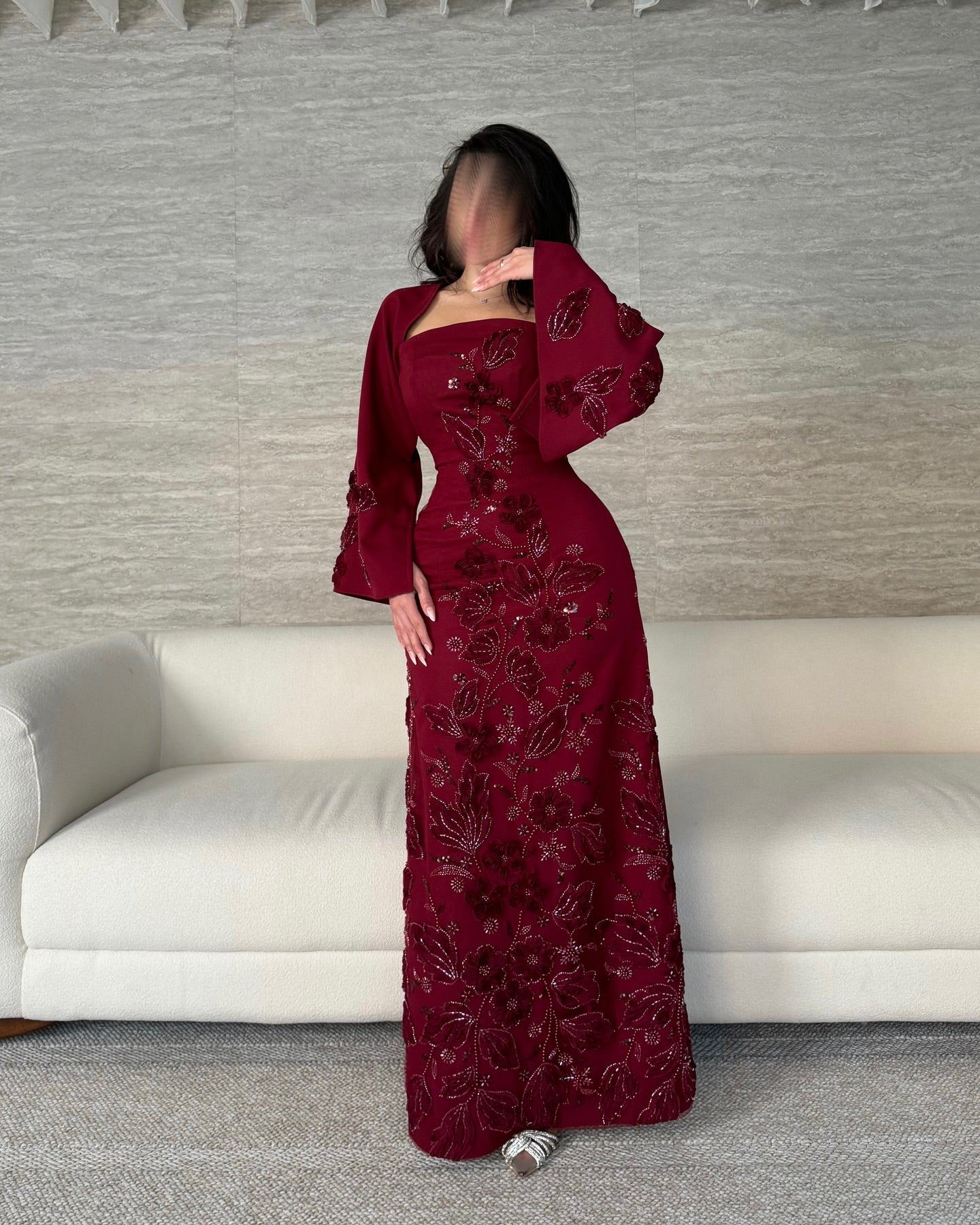 Elegant Burgundy 3D Beaded Floral Satin Arabic Evening Dress with Cape AE005