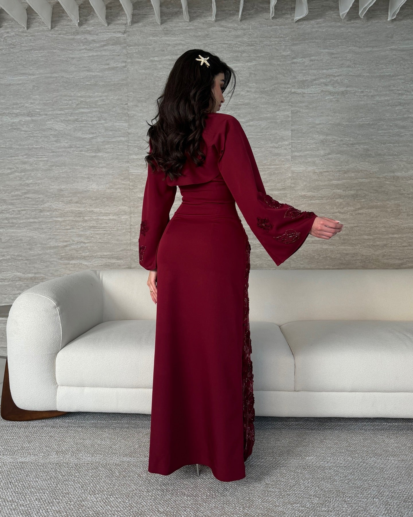 Elegant Burgundy 3D Beaded Floral Satin Arabic Evening Dress with Cape AE005