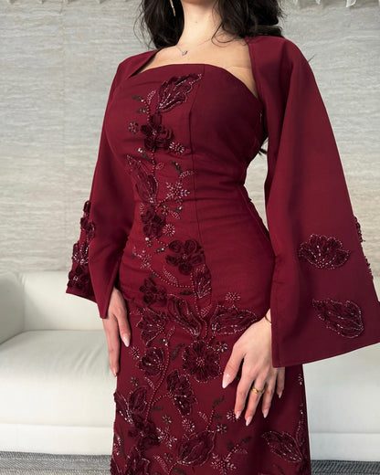 Elegant Burgundy 3D Beaded Floral Satin Arabic Evening Dress with Cape AE005