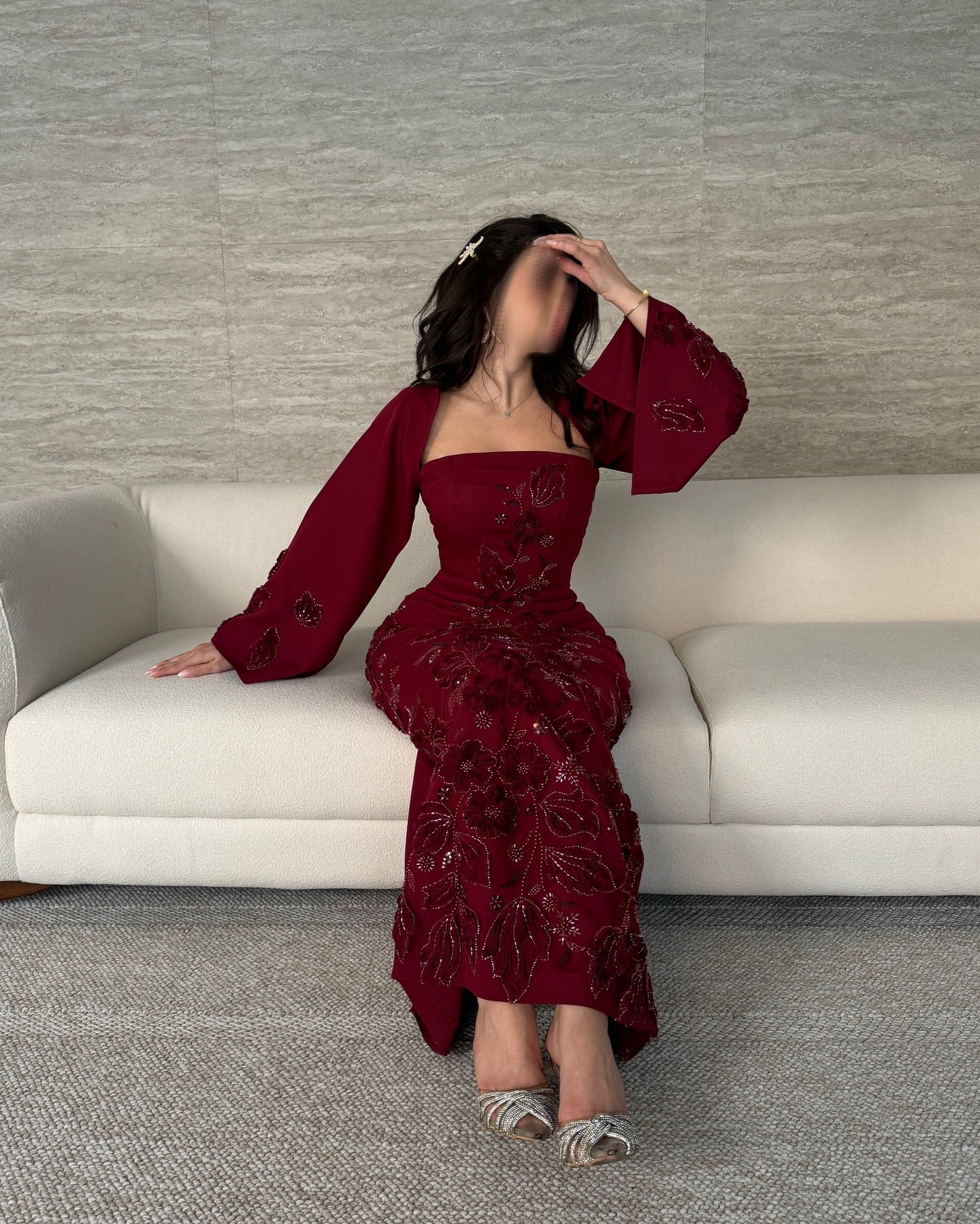 Elegant Burgundy 3D Beaded Floral Satin Arabic Evening Dress with Cape AE005