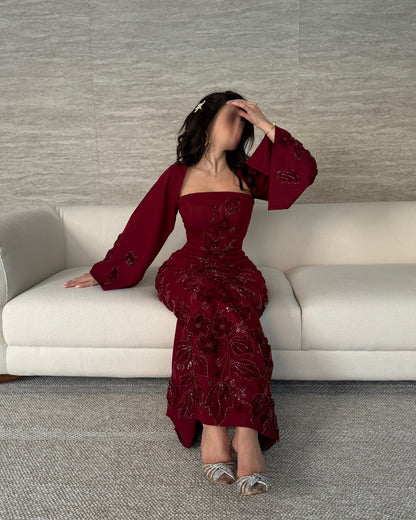 Elegant Burgundy 3D Beaded Floral Satin Arabic Evening Dress with Cape AE005