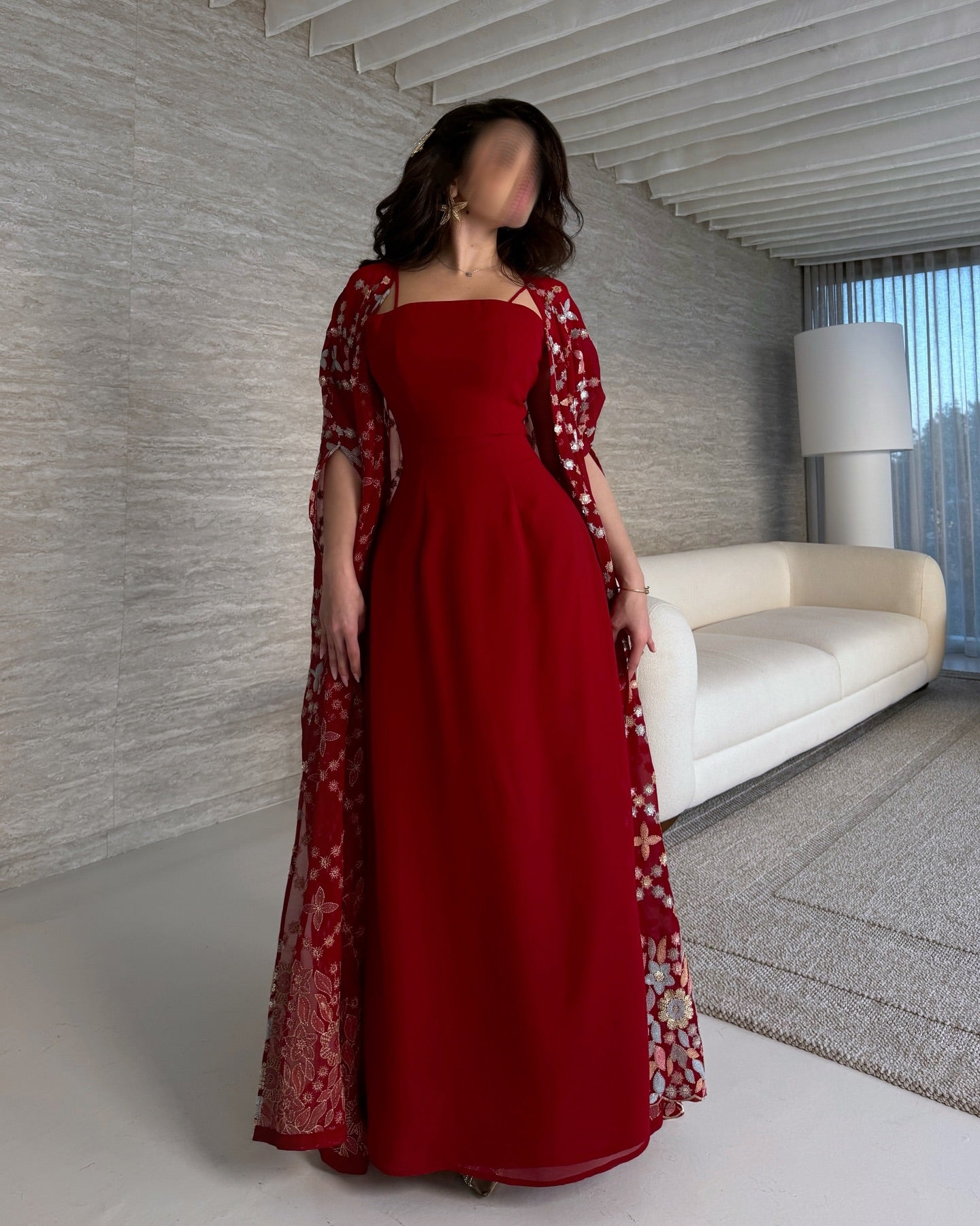 Graceful Burgundy Spaghetti Straps Satin Arabic Evening Dress with Cape AE006