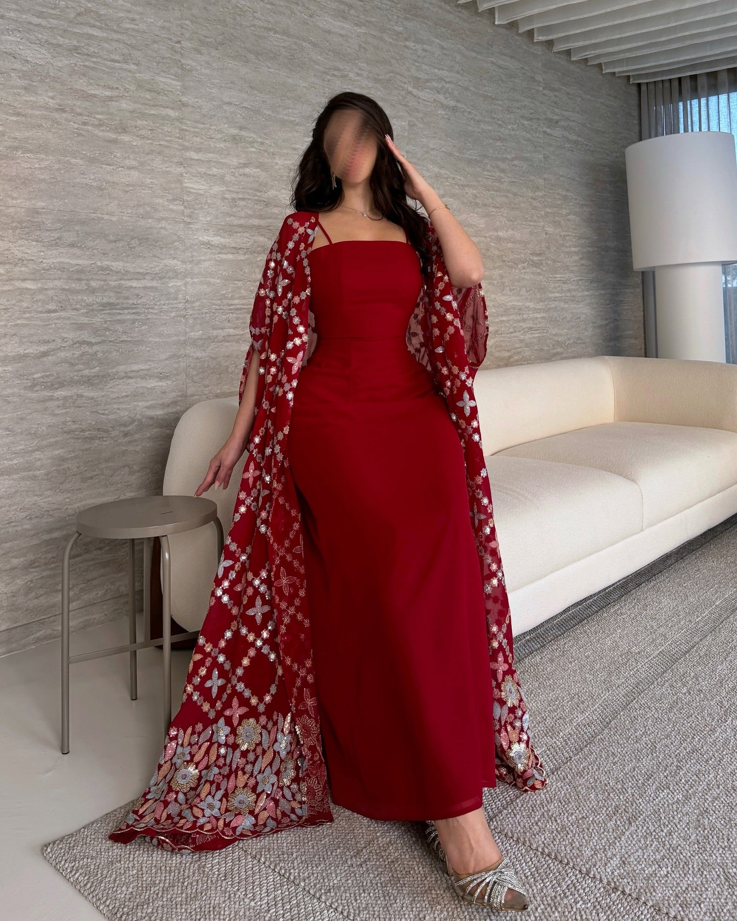 Graceful Burgundy Spaghetti Straps Satin Arabic Evening Dress with Cape AE006