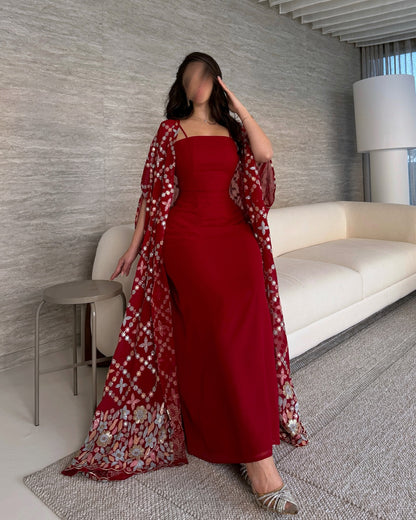 Graceful Burgundy Spaghetti Straps Satin Arabic Evening Dress with Cape AE006