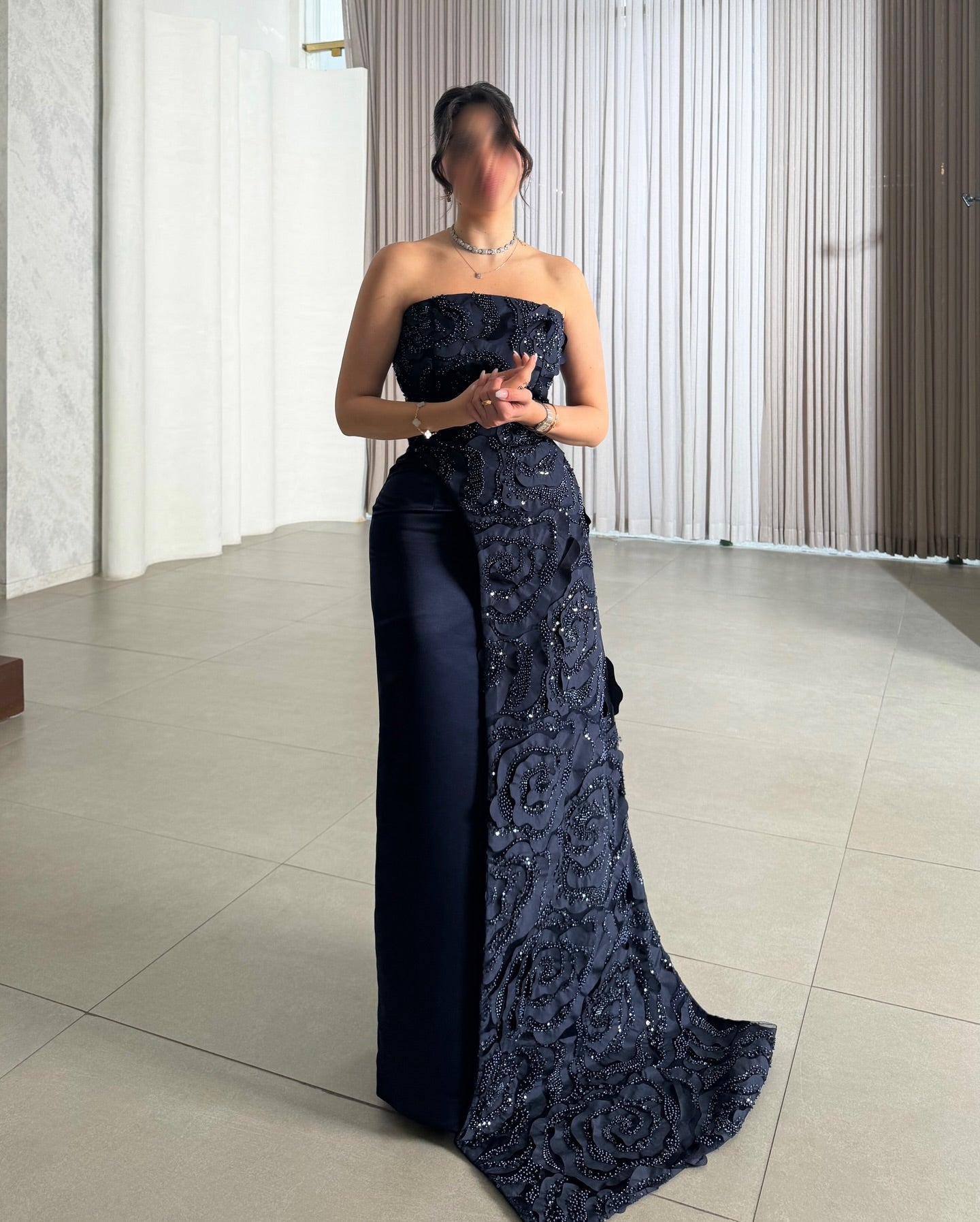 Classic Navy Blue Beaded Tube Top Sleeveless Satin Arabic Evening Dress AE007