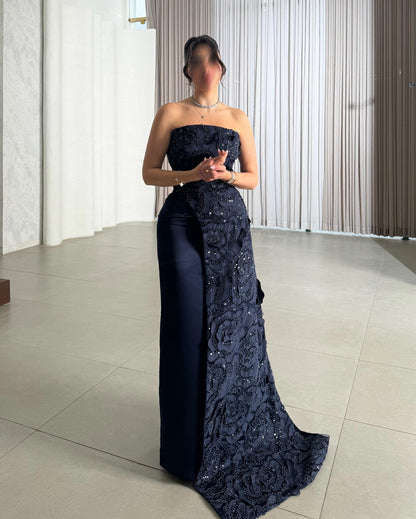 Classic Navy Blue Beaded Tube Top Sleeveless Satin Arabic Evening Dress AE007