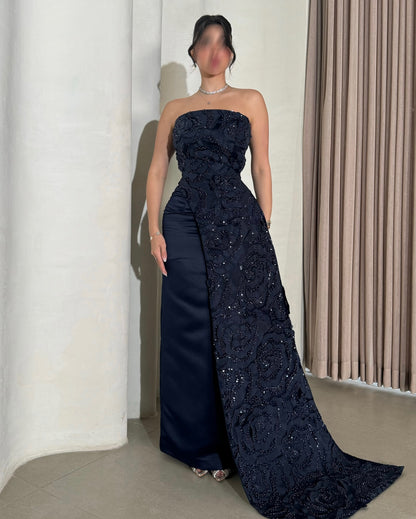 Classic Navy Blue Beaded Tube Top Sleeveless Satin Arabic Evening Dress AE007