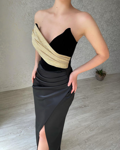 Chic Black&Gold Tube Top Sheath Pleated Satin Prom Formal Gown SP080