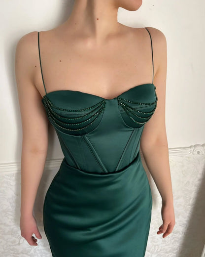 Elegant Spaghetti Straps Champagne Sheath Satin Prom Formal Gown with Beads SP083