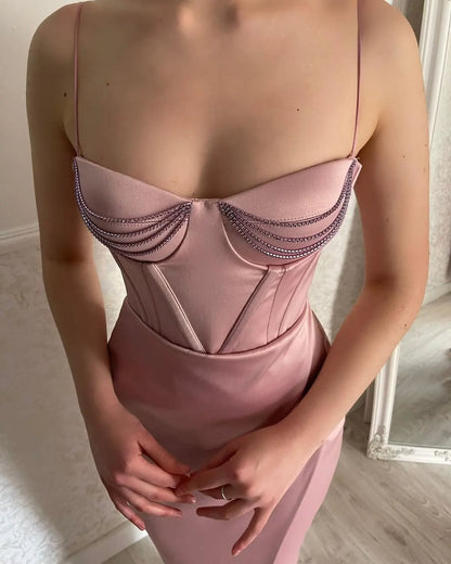 Elegant Spaghetti Straps Champagne Sheath Satin Prom Formal Gown with Beads SP083