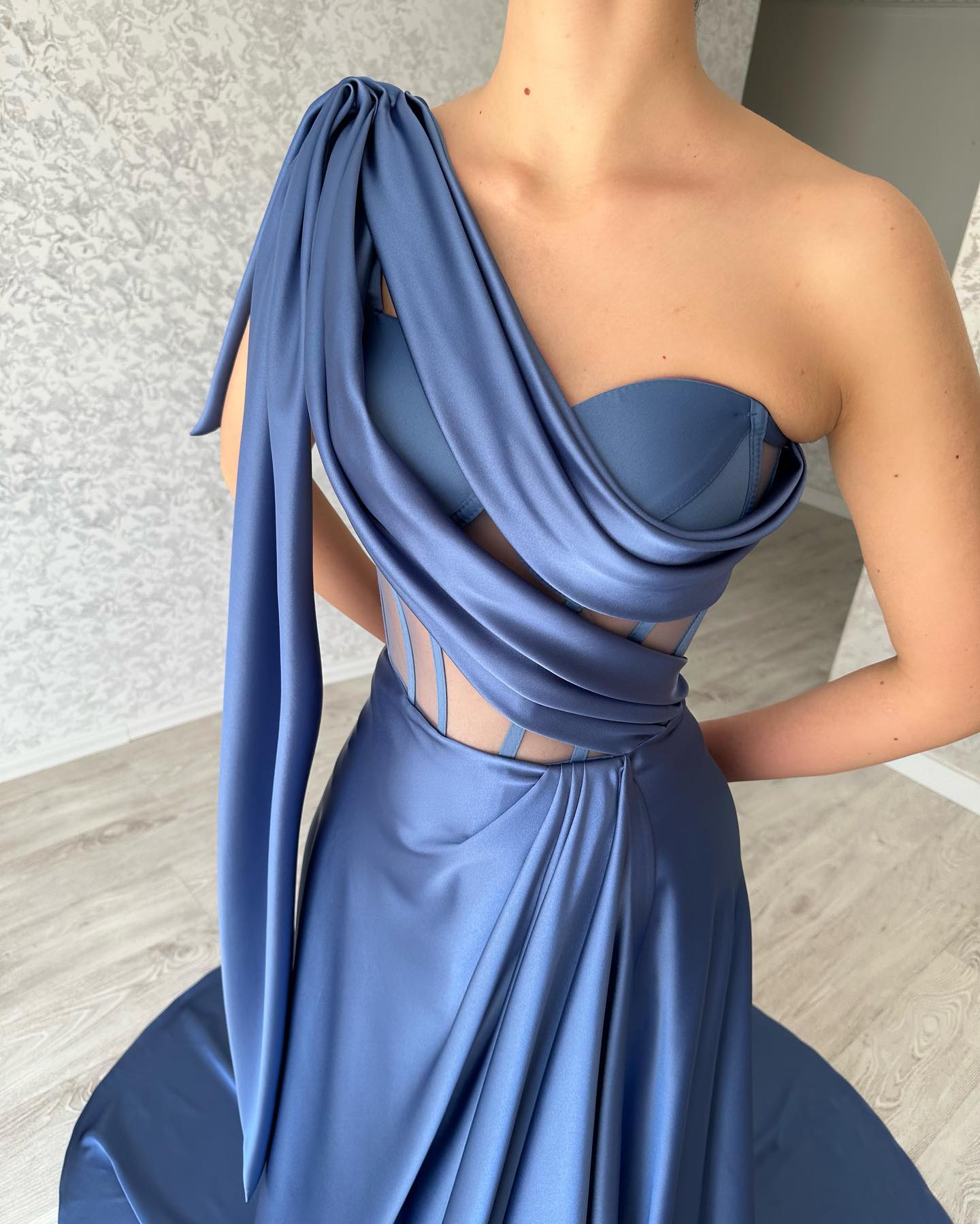 Classic Blue One Shoulder Sheath Pleated Satin Prom Dress with Train SP093