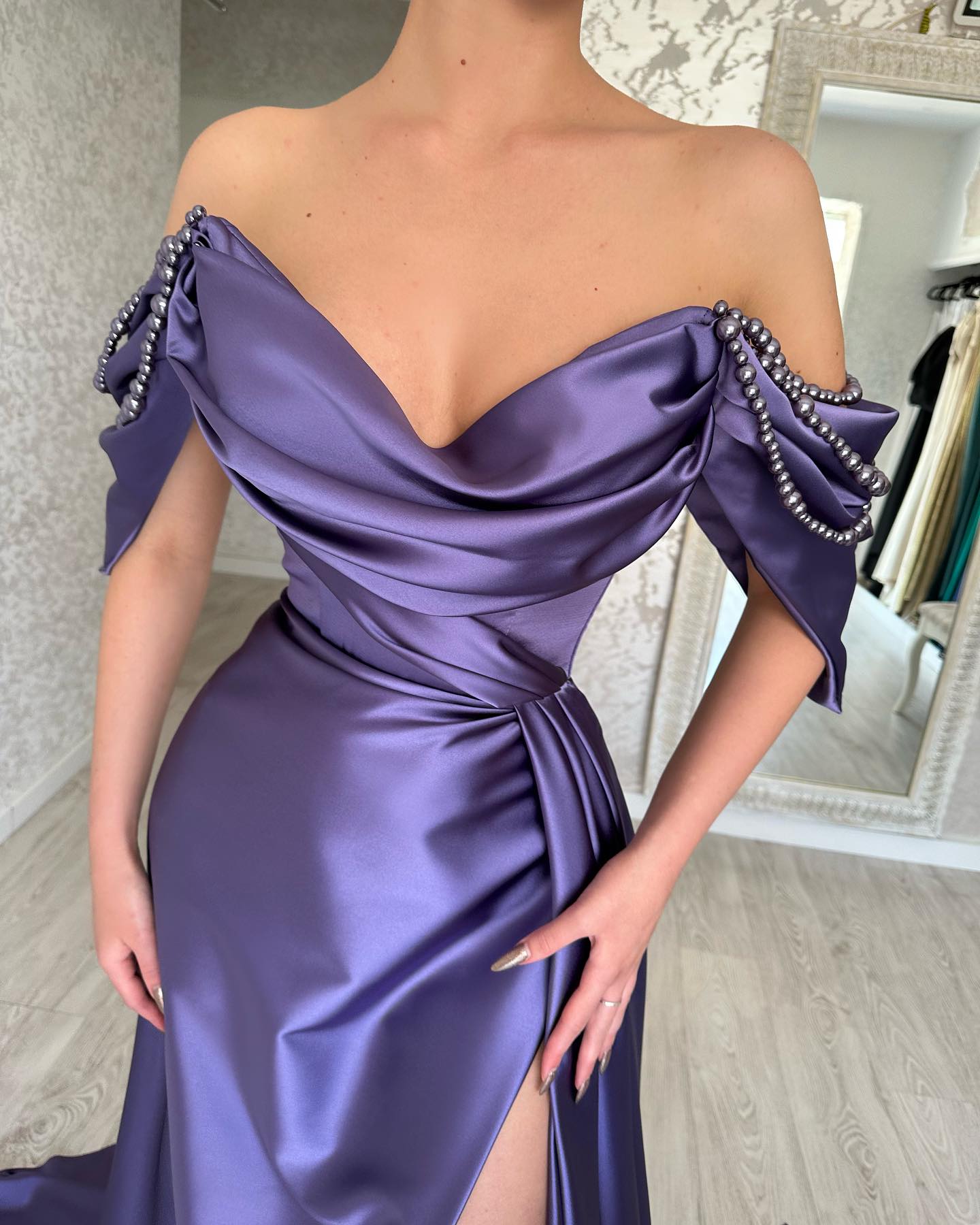 Elegant Purple Off-Shoulder Sheath Satin Prom Evening Dress with Pearls SP092