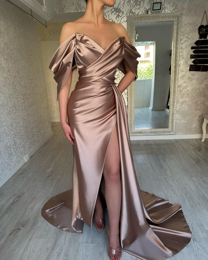 Elegant Rose Gold Off-Shoulder Sheath Satin Prom Party Gown with Slit SP089