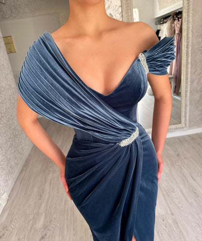 Elegant One Shoulder Beaded Blue Sheath Velvet Prom Formal Gowns SP077