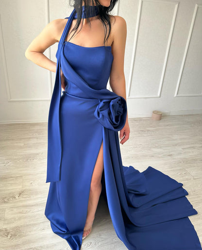 Chic 3D Floral Blue Strapless Sheath Side Slit Prom Party Gown with Train SP070