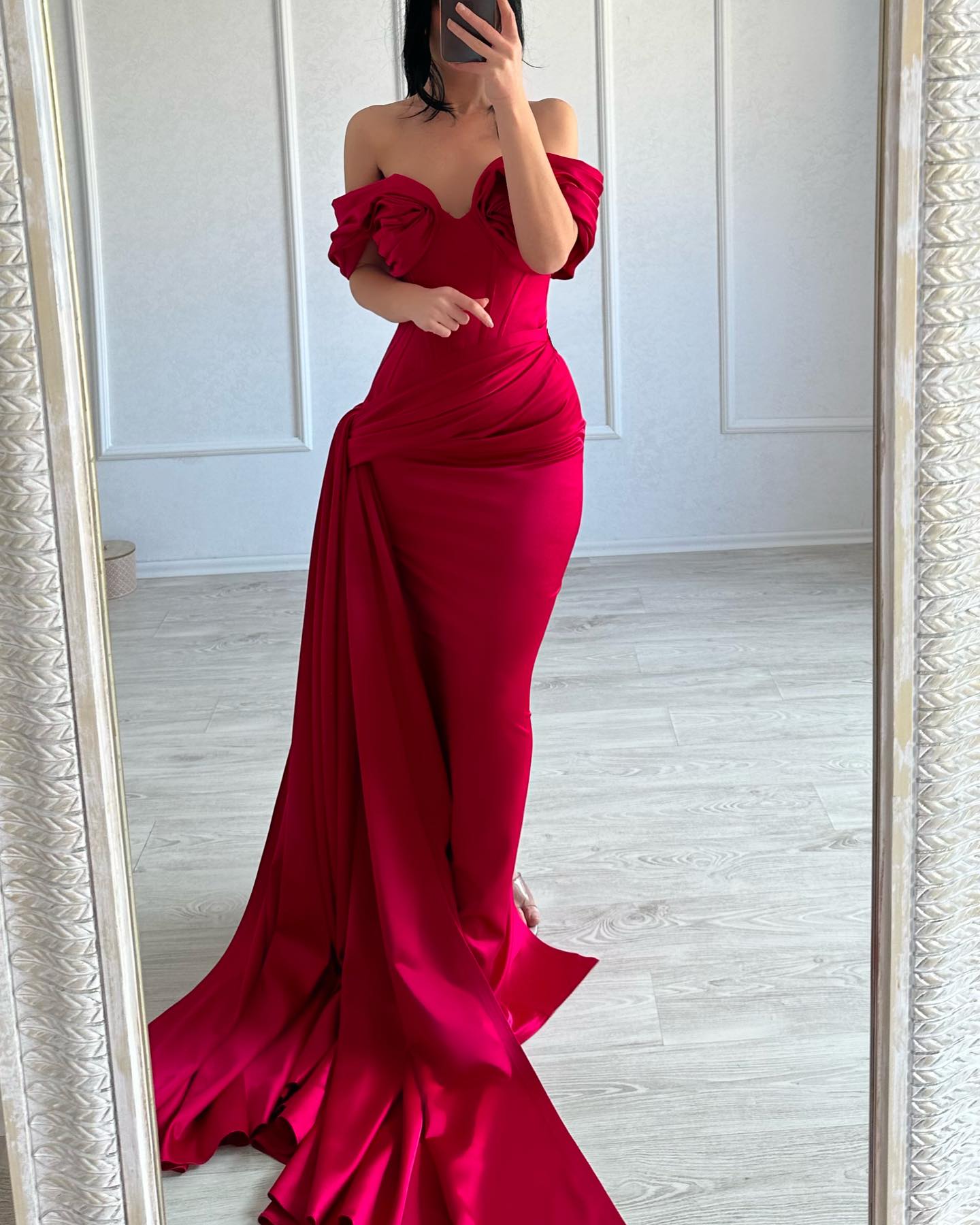 Classic Fuchsia Off-Shoulder Mermaid Pleats Satin Prom Dress with Slit SP069