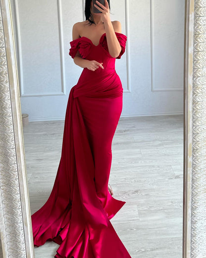Classic Fuchsia Off-Shoulder Mermaid Pleats Satin Prom Dress with Slit SP069