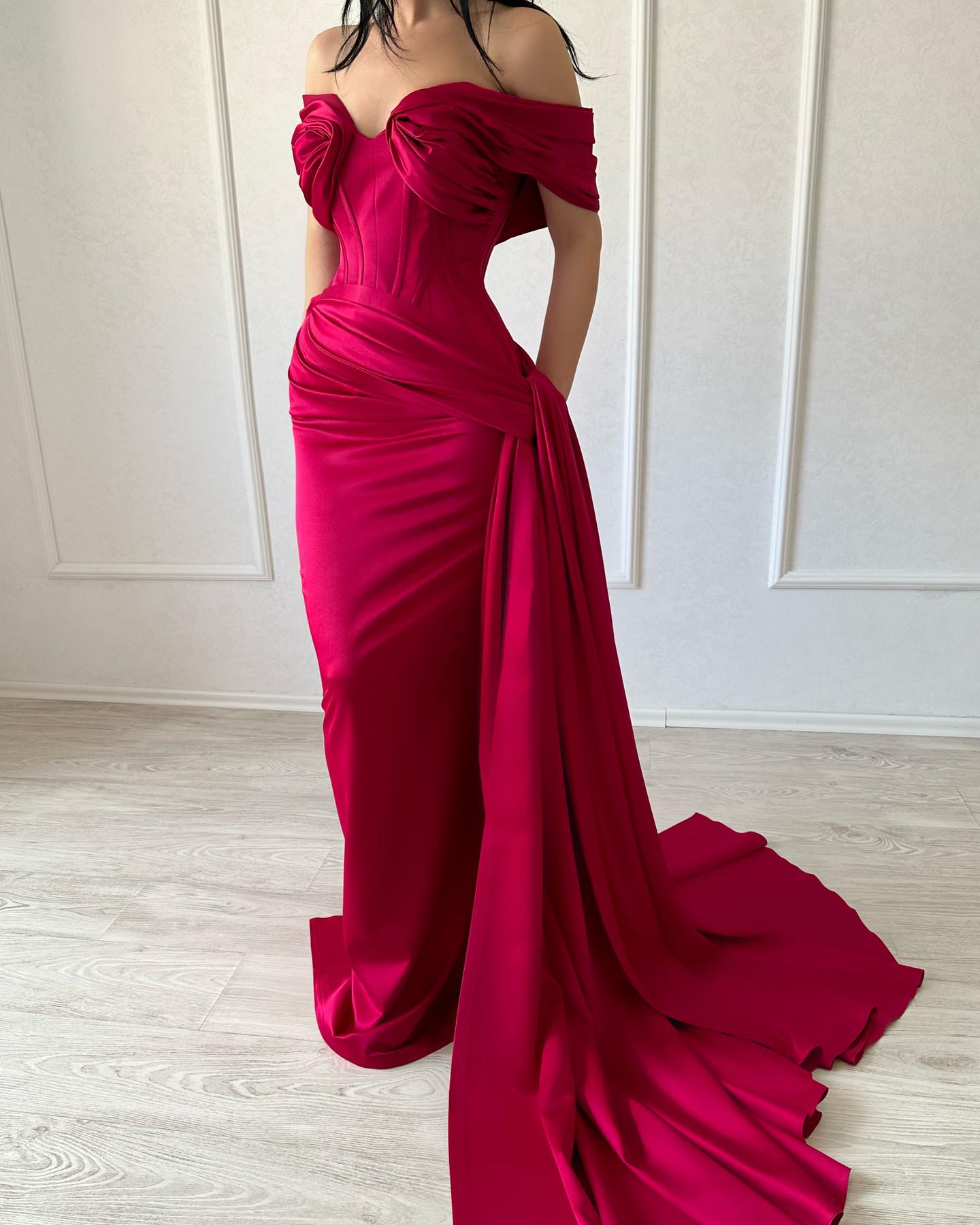 Classic Fuchsia Off-Shoulder Mermaid Pleats Satin Prom Dress with Slit SP069