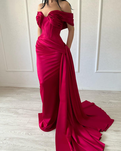 Classic Fuchsia Off-Shoulder Mermaid Pleats Satin Prom Dress with Slit SP069
