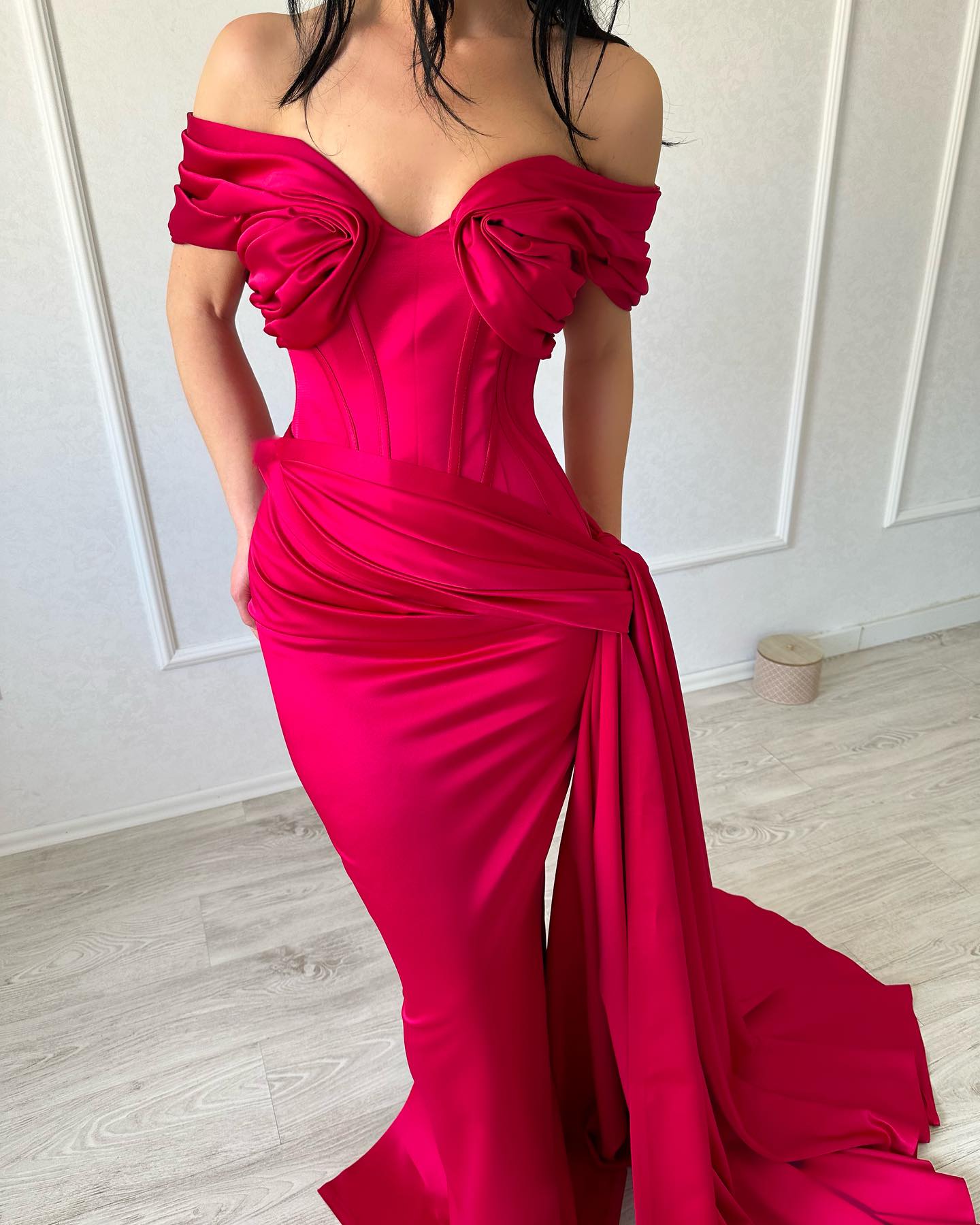 Classic Fuchsia Off-Shoulder Mermaid Pleats Satin Prom Dress with Slit SP069