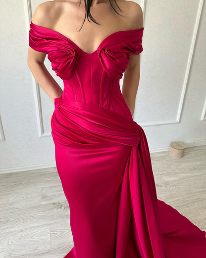 Classic Fuchsia Off-Shoulder Mermaid Pleats Satin Prom Dress with Slit SP069