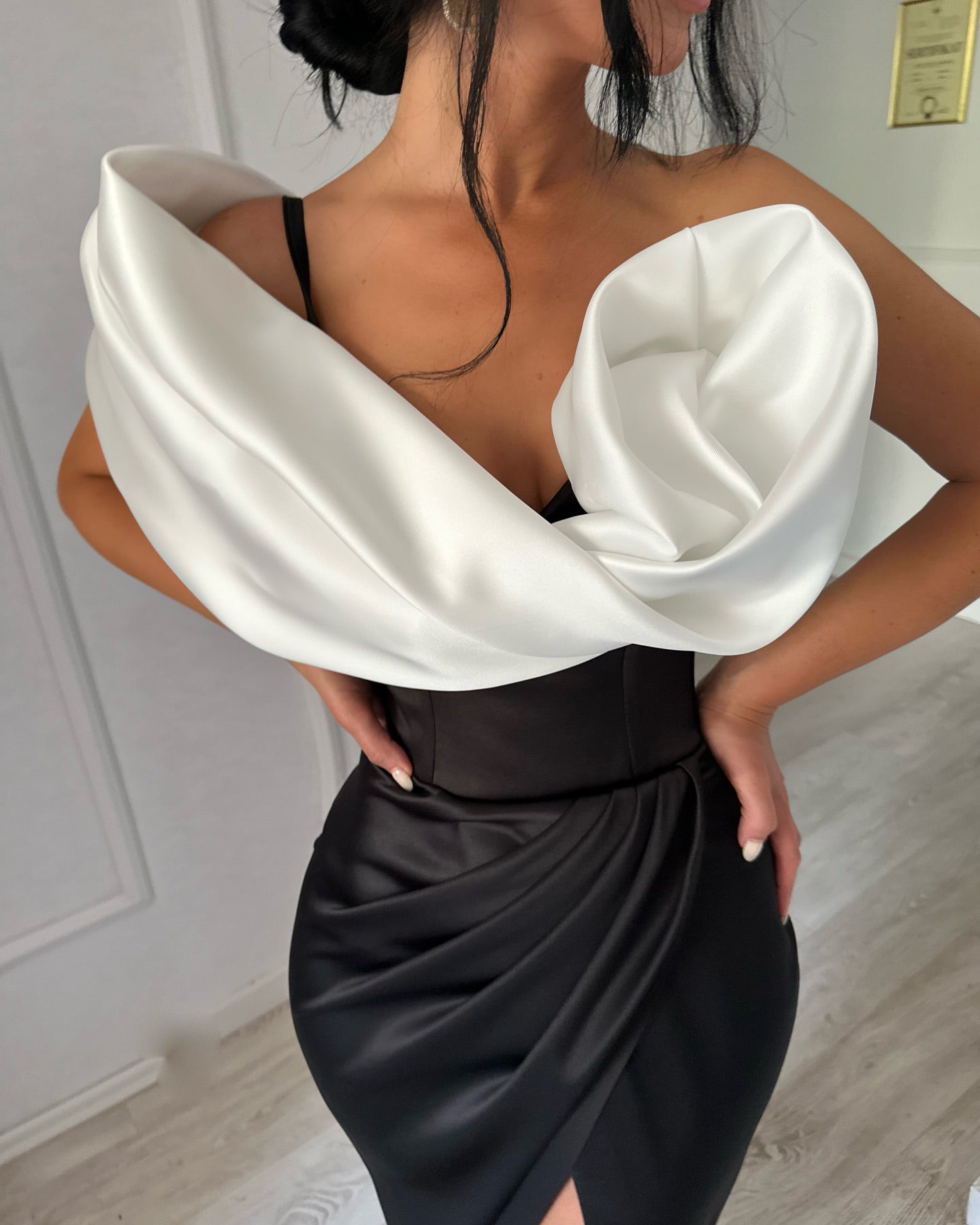 Simple One Shoulder Black Sheath Pleated Satin Prom Dress with Slit SP064